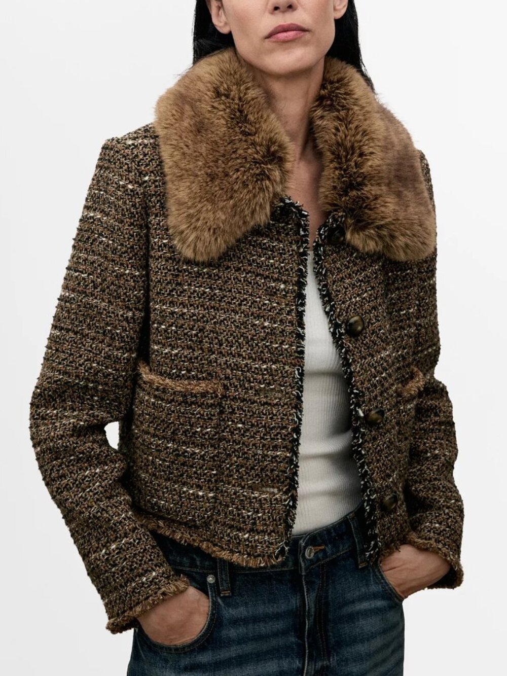 NWT MANGO Women's Fur Collar Tweed Jacket in Brown, Size M, $200 Retail